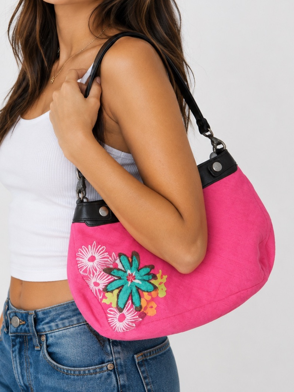 Thirty-One‎ Pink Floral Shoulder Bag Purse Black Trim Zip Top Handbag